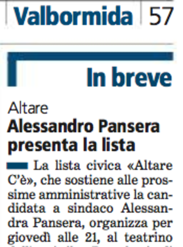 Altare, Alessandra Pansera divenne Alessandro: Un errore di stompa Altare, Alessandra Pansera divenne Alessandro: Un errore di stompa