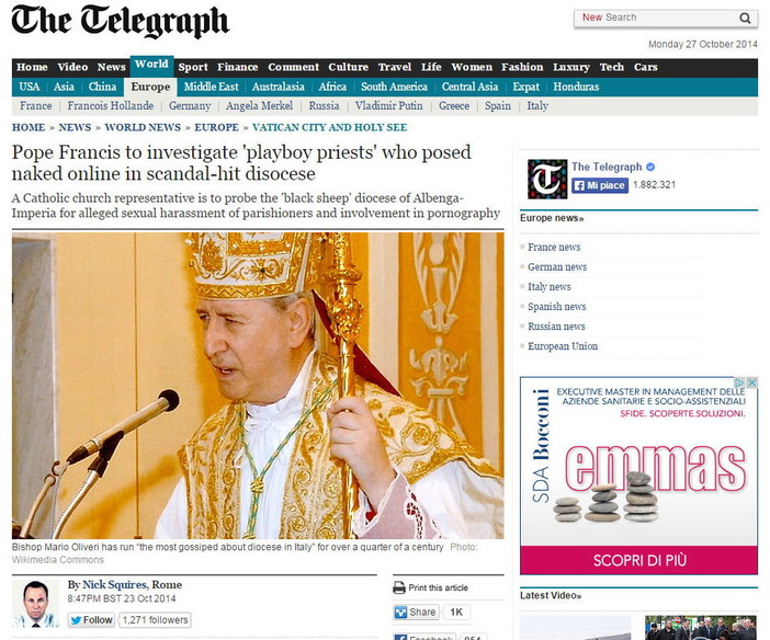 Presunto commissariamento della Diocesi Albenga-Imperia: anche il 'The Telegraph' scrive sul caso del Vescovo Oliveri Presunto commissariamento della Diocesi Albenga-Imperia: anche il 'The Telegraph' scrive sul caso del Vescovo Oliveri