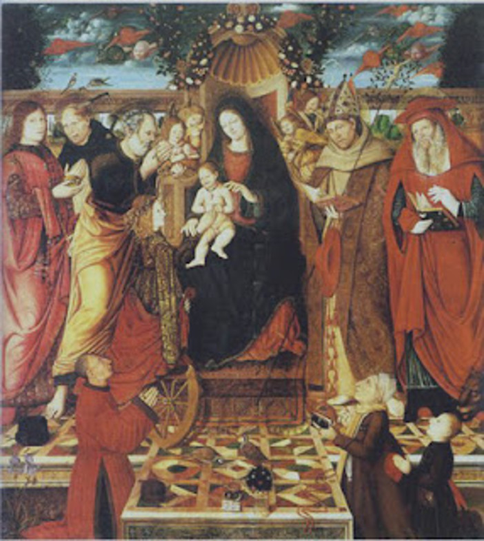 Tuccio d’Andria, Matrimonio mistico di Santa Caterina alla presenza dei SS. Pantaleo, Pietro martire, Pietro, Bonaventura, Gerolamo e dei committenti, Conservata nel Museo del Tesoro del Duomo Savonese Tuccio d’Andria, Matrimonio mistico di Santa Caterina alla presenza dei SS. Pantaleo, Pietro martire, Pietro, Bonaventura, Gerolamo e dei committenti, Conservata nel Museo del Tesoro del Duomo Savonese