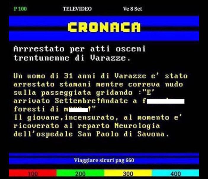 31enne varazzino nudo insulta i turisti, ma è un "Fake Televideo" 31enne varazzino nudo insulta i turisti, ma è un "Fake Televideo"