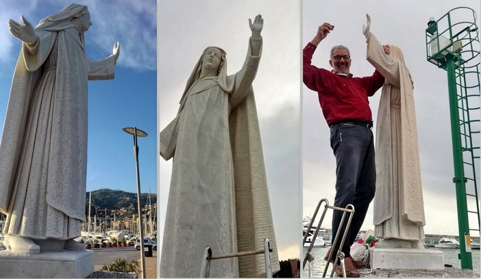 Varazze, l'artista Corrado Cacciaguerra ripristina il pollice della mano alla statua di santa Caterina