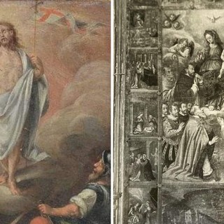 A sinistra la porzione recuperata, la “Resurrezione di Cristo”. A destra l'opera completa