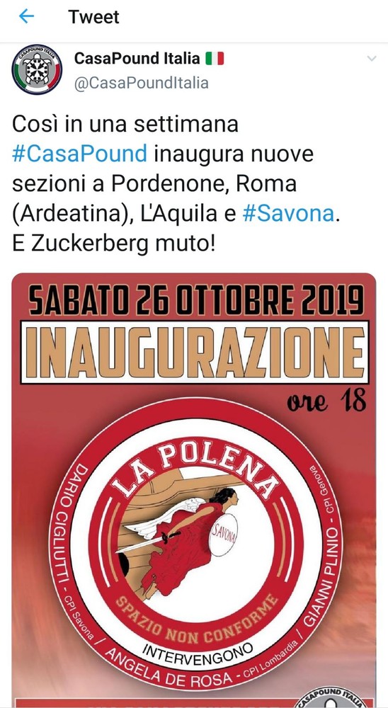 "E Zuckerberg muto": CasaPound annuncia su Twitter l'apertura a Savona, l'Anpi insorge