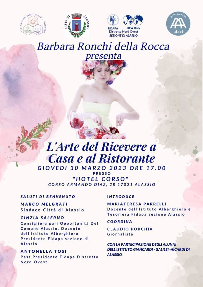Alassio: giovedì prossimo un incontro sull’arte del ricevere con Barbara Ronchi della Rocca promosso dalla sezione Fidapa, guidata da Cinzia Salerno Alassio: giovedì prossimo un incontro sull’arte del ricevere con Barbara Ronchi della Rocca promosso dalla sezione Fidapa, guidata da Cinzia Salerno