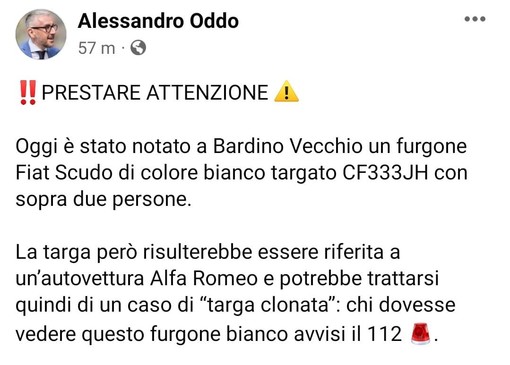 Furgone sospetto a Tovo San Giacomo, il sindaco Oddo: "Targa riferita ad un'auto, potrebbe essere clonata" Furgone sospetto a Tovo San Giacomo, il sindaco Oddo: "Targa riferita ad un'auto, potrebbe essere clonata"