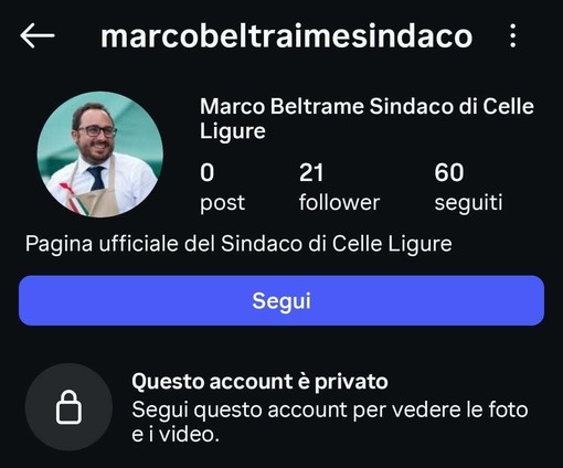 Celle, clonato l'account Instagram del sindaco Beltrame: "Ho già provveduto a segnalarlo e denuncerò alle autorità" Celle, clonato l'account Instagram del sindaco Beltrame: "Ho già provveduto a segnalarlo e denuncerò alle autorità"