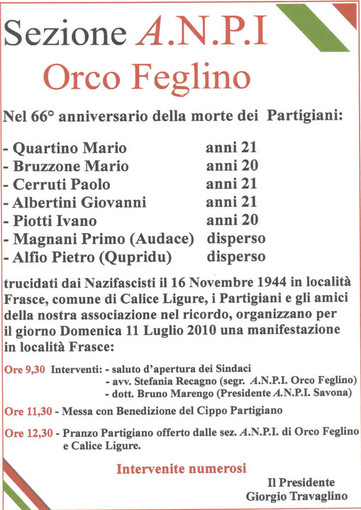 Calice: domani l'Anpi di Orco ricorda i Partigiani caduti