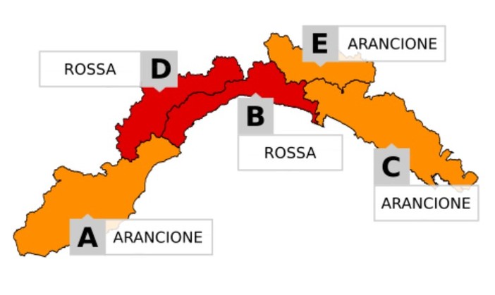 Confermata l'allerta rossa nel centro della Liguria (zone B e D) dalle 20 di stasera: domani 21 ottobre scuole chiuse nelle zone &quot;rosse&quot;