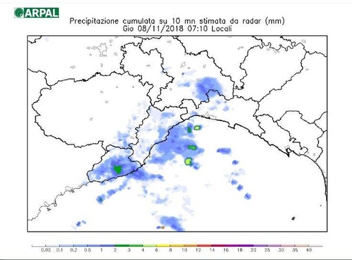 Nell'immagine lo scatto radar delle ore 7.10. Nell'immagine lo scatto radar delle ore 7.10.