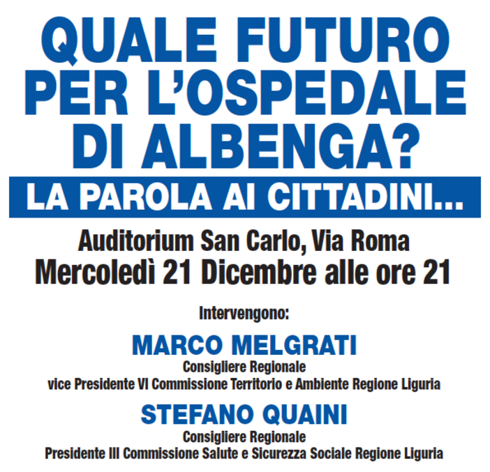 Domani sera ad Albenga convegno sul futuro dell’ospedale albenganese Domani sera ad Albenga convegno sul futuro dell’ospedale albenganese