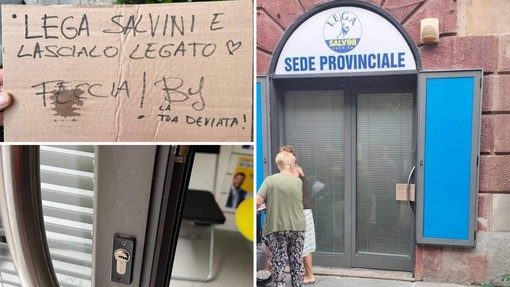 Cartello contro la Lega e Salvini nella sede di Savona. Rixi: "La mamma degli imbecilli è sempre incinta"