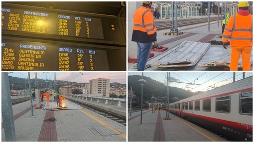 Crolla parte della tettoia ferroviaria sui binari in stazione a Imperia: treni accumulano ritardo anche di un'ora e 40 minuti (FOTO) Crolla parte della tettoia ferroviaria sui binari in stazione a Imperia: treni accumulano ritardo anche di un'ora e 40 minuti (FOTO)