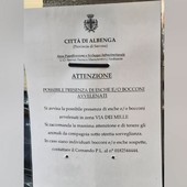 Albenga, cartelli di avviso in via dei Mille: “Possibile presenza di esche o bocconi avvelenati”