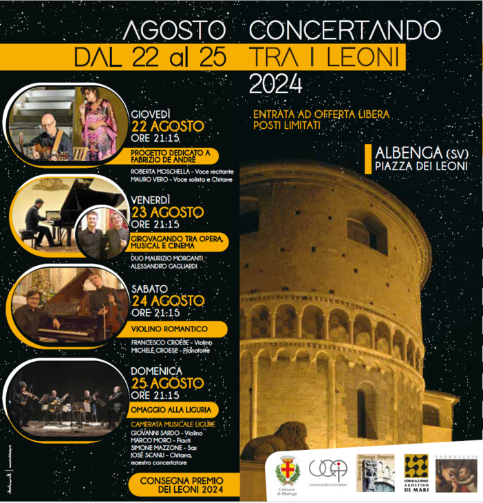 Albenga continua con la musica: da domani 22 agosto "Concertando tra i Leoni"