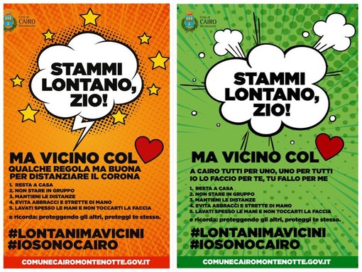 Coronavirus, la campagna informativa del comune di Cairo Montenotte: "Stammi lontano, zio! Ma vicino col cuore" Coronavirus, la campagna informativa del comune di Cairo Montenotte: "Stammi lontano, zio! Ma vicino col cuore"