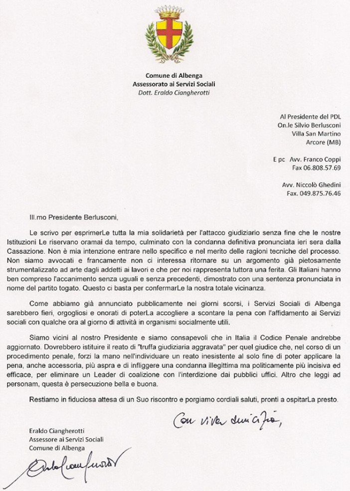 La lettera inviata da Ciangherotti a Berlusconi La lettera inviata da Ciangherotti a Berlusconi