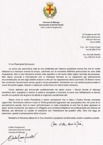 La lettera inviata da Ciangherotti a Berlusconi La lettera inviata da Ciangherotti a Berlusconi