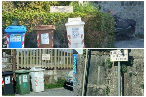 Savona, a Lavagnola rimossi i cartelli che hanno sfidato il porta a porta con la scritta "bidoni intelligenti per tutti"