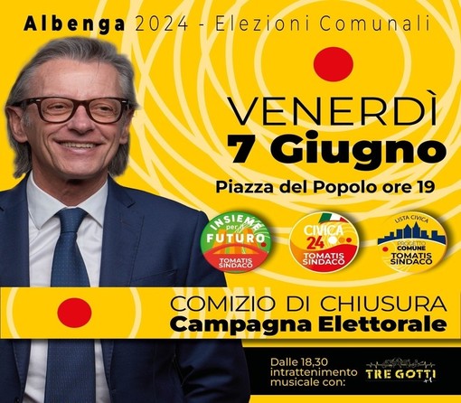 Albenga, il 7 giugno Riccardo Tomatis chiude la campagna elettorale in piazza del Popolo