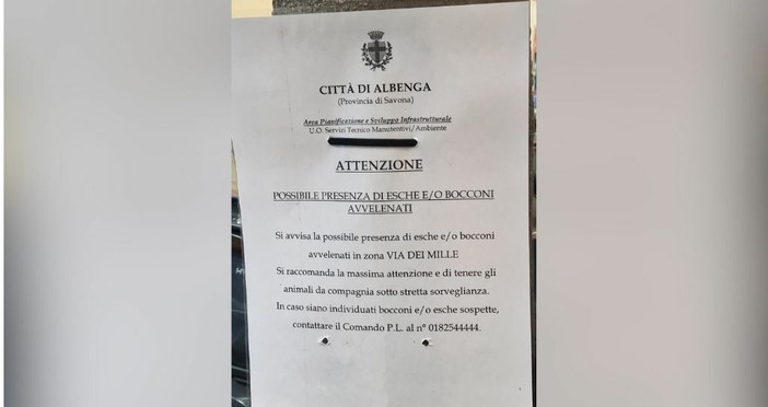 Albenga, cartelli di avviso in via dei Mille: “Possibile presenza di esche o bocconi avvelenati”