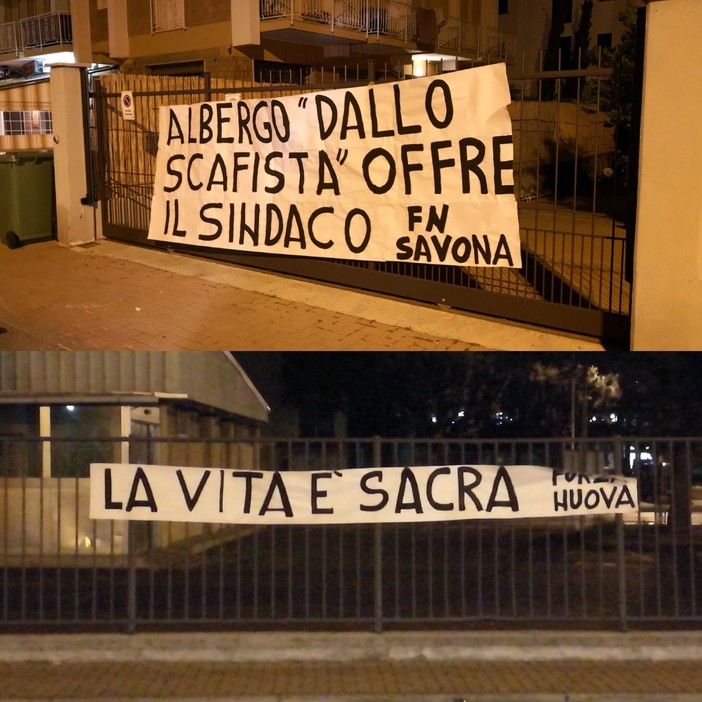Blitz di Forza Nuova a Pietra Ligure, appesi gli striscioni "Albergo 'dallo scafista': offre il sindaco" e "La vita è sacra"