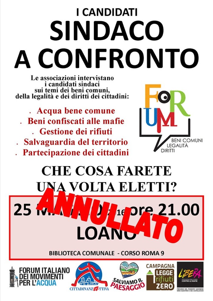 Loano, i candidati sindaco dicono no all’incontro pubblico del Forum Beni Comuni Loano, i candidati sindaco dicono no all’incontro pubblico del Forum Beni Comuni