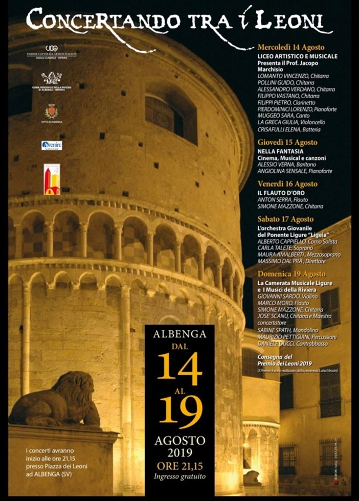 Albenga, "Concertando tra i Leoni": variazione al programma di questa sera Albenga, "Concertando tra i Leoni": variazione al programma di questa sera