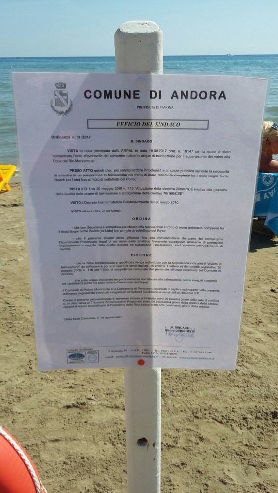 Analisi ARPAL ok, il sindaco Demichelis revoca l'ordinanza di divieto di balneazione Analisi ARPAL ok, il sindaco Demichelis revoca l'ordinanza di divieto di balneazione