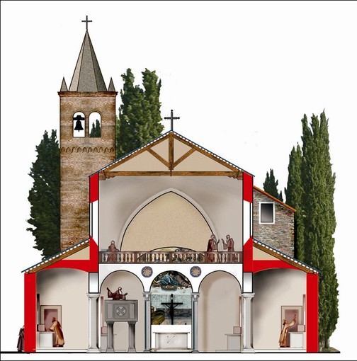 L’interno della chiesa di S. Giacomo come si presentava fino alla metà dell’Ottocento (con il caratteristico pontile sopraelevato) e come potrà essere recuperato (disegno di Gianni Venturino)