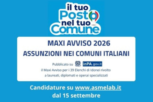 Assunzioni nei Comuni, al via il Maxi Avviso ASMEL 2026: 39 profili e candidature online dal 15 settembre Assunzioni nei Comuni, al via il Maxi Avviso ASMEL 2026: 39 profili e candidature online dal 15 settembre