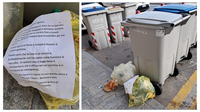Savona, sacchi della plastica nel giorno sbagliato davanti ai bidoni: l’avviso ironico di un residente Savona, sacchi della plastica nel giorno sbagliato davanti ai bidoni: l’avviso ironico di un residente
