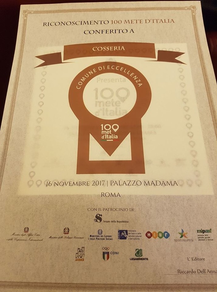 Cosseria tra le "100 Mete d'Italia": oggi la premiazione a Palazzo Madama