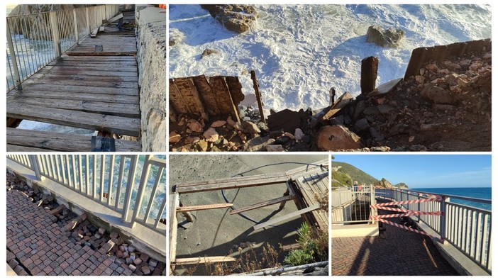 Finale, il mare "rosicchia" ancora la scogliera sotto l'Aurelia alla Fiorita. Devastata la passerella di San Donato