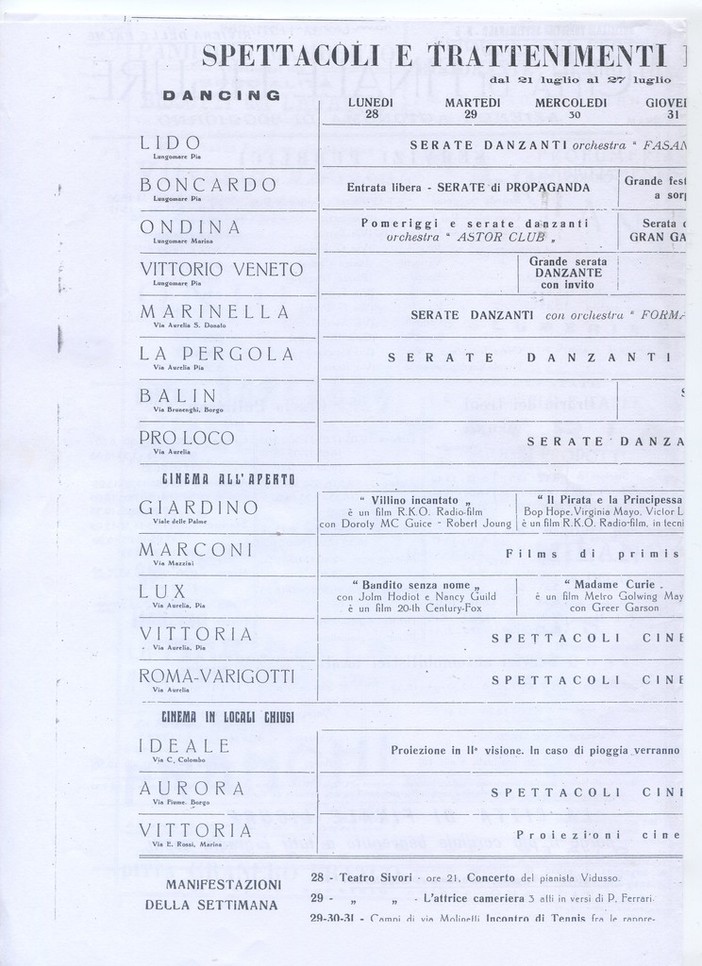 Nella foto: un interessante documento storico che attesta quell'epoca in cui a Finale c'erano otto cinema (cinque all'aperto e tre al chiuso) e otto sale da ballo Nella foto: un interessante documento storico che attesta quell'epoca in cui a Finale c'erano otto cinema (cinque all'aperto e tre al chiuso) e otto sale da ballo