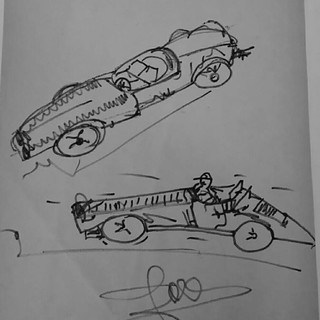 Alle origini della nostra civiltà: un disegno raffigurante le prime automobili da corsa
