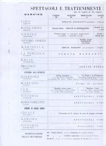Nella foto: un interessante documento storico che attesta quell'epoca in cui a Finale c'erano otto cinema (cinque all'aperto e tre al chiuso) e otto sale da ballo Nella foto: un interessante documento storico che attesta quell'epoca in cui a Finale c'erano otto cinema (cinque all'aperto e tre al chiuso) e otto sale da ballo