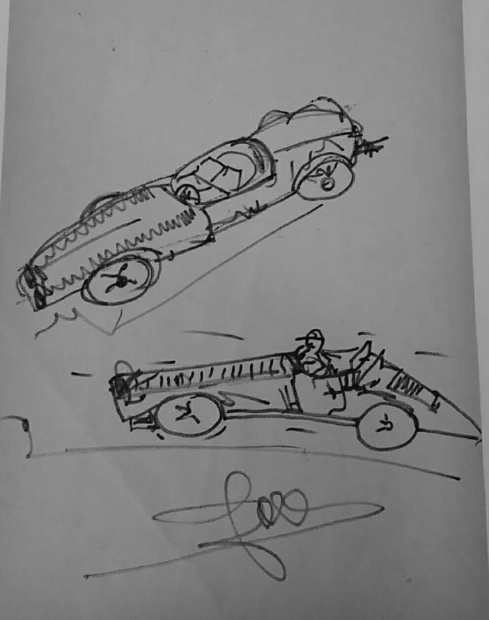 Alle origini della nostra civiltà: un disegno raffigurante le prime automobili da corsa