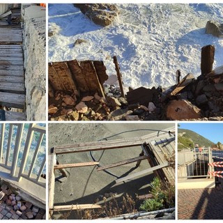 Finale, il mare "rosicchia" ancora la scogliera sotto l'Aurelia alla Fiorita. Devastata la passerella di San Donato