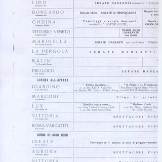 Nella foto: un interessante documento storico che attesta quell'epoca in cui a Finale c'erano otto cinema (cinque all'aperto e tre al chiuso) e otto sale da ballo