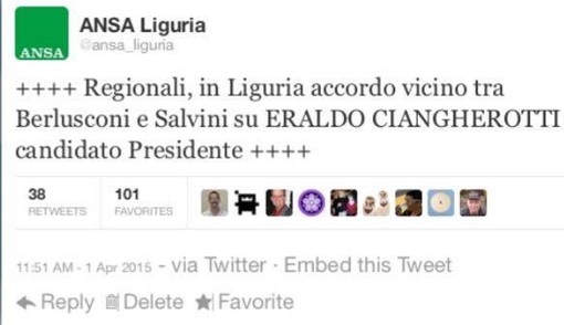 1 aprile: accordo tra Berlusconi e Salvini su Ciangherotti candidato Presidente della Liguria