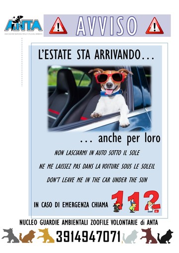 Estate 2018, Anta Liguria lancia la campagna di sensibilizzazione per invitare gli automobilisti a non lasciare i cani in auto Estate 2018, Anta Liguria lancia la campagna di sensibilizzazione per invitare gli automobilisti a non lasciare i cani in auto