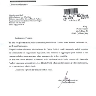 L'ospedale Galliera ringrazia Paolo Forzano per un articolo apparso su Savonanews