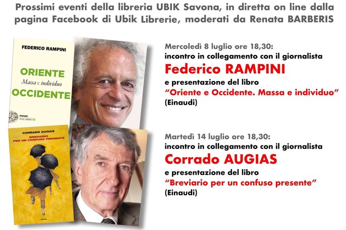 Eventi Ubik in diretta on line: l'8 luglio con Corrado Augias e il 14 luglio con Federico Rampini Eventi Ubik in diretta on line: l'8 luglio con Corrado Augias e il 14 luglio con Federico Rampini