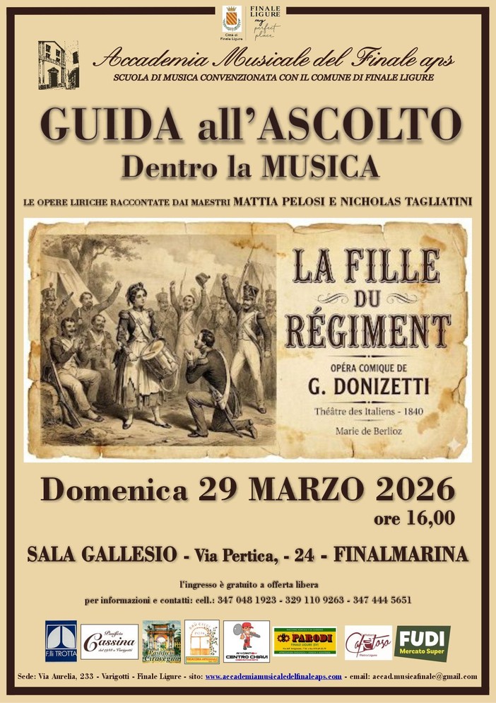 Accademia del Finale: il 29 marzo "La figlia del reggimento" di Donizzetti con il maestro Nicholas Tagliatini