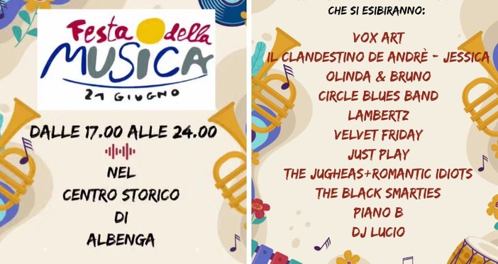 Festa della Musica ad Albenga: il 21 giugno esibizioni in tutto il centro storico