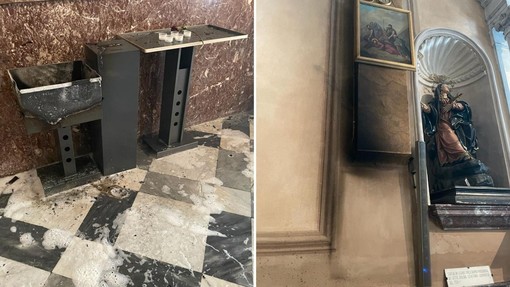 Alassio, in due danno fuoco alla cassetta dei lumini votivi della parrocchia di Sant’Ambrogio. Bruciato il quadro di Santa Rita