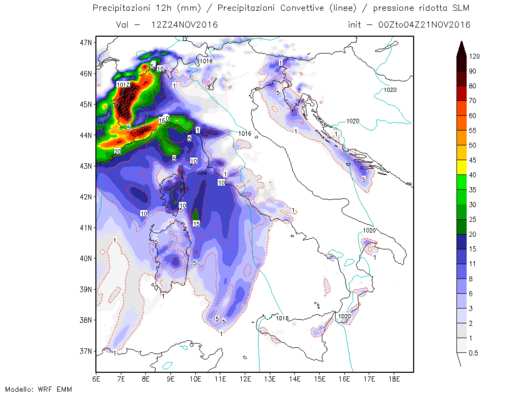 Precipitazioni cumulate sulle 12 ore previste per giovedì 24 mattina, giorno in cui è prevista la fase più acuta di maltempo Precipitazioni cumulate sulle 12 ore previste per giovedì 24 mattina, giorno in cui è prevista la fase più acuta di maltempo
