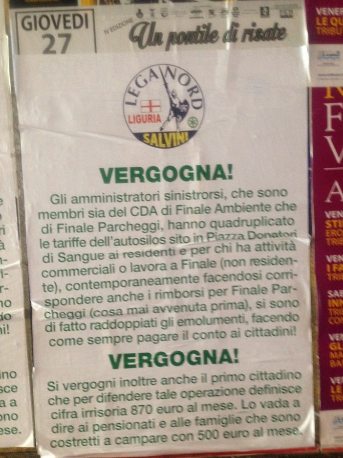 A Finale la Lega attacca l'amministrazione: "Vergogna sui doppi emolumenti di Finale Ambiente e Parcheggi"