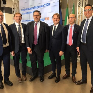 una foto del presidente Toti e dell’assessore Scajola insieme agli amministratori unici di Arte Genova (Girolamo Cotena), Arte Imperia (Antonio Parolini), Arte Savona (Alessandro Revello) e Arte Spezia (Marco Tognetti)