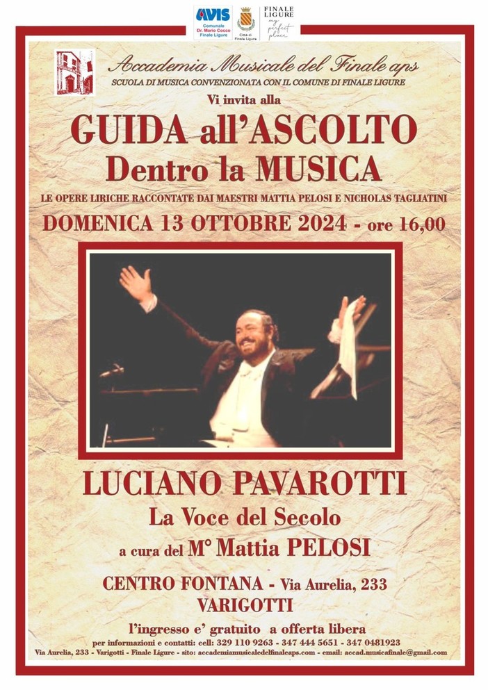 Finale, Guida all'ascolto, Mattia Pelosi svela l’arte di Luciano Pavarotti “La voce del secolo” Finale, Guida all'ascolto, Mattia Pelosi svela l’arte di Luciano Pavarotti “La voce del secolo”